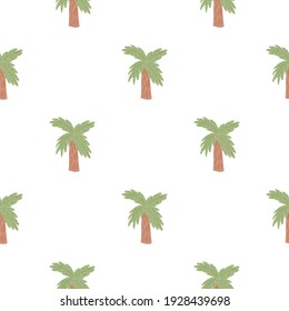 Isolated seamless hawaiian pattern with cartoon simple green and brown colored palm tree shapes. Graphic design for wrapping paper and fabric textures. Vector Illustration.