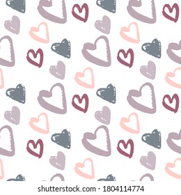 Isolated seamless heart pattern with white background. Valentine doodle silhouettes in soft purple and pink tones. Great for wallpaper, textile, wrapping paper, fabric print. Vector illustration.