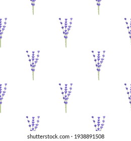 Isolated seamless herbal aroma pattern with blue lavender silhouettes. White background. Botany backdrop. Great for fabric design, textile print, wrapping, cover. Vector illustration.