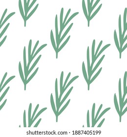 Isolated seamless herbal pattern with green doodle rosemary silhouetes. White background. Designed for fabric design, textile print, wrapping, cover. Vector illustration.