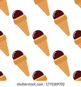 Isolated seamless ice cream with chocolate glaze and waffle cone pattern. White background. Decorative backdrop for fabric, textile, wrapping paper, wallpaper. Vector illustration.