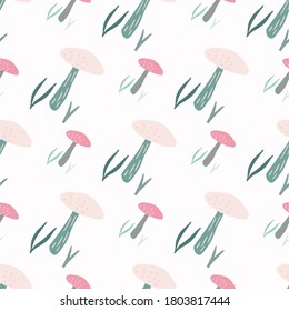 Isolated seamless minimalistic pattern with mushrooms. White background with pink colors organic ornament. Designed for wallpaper, textile, wrapping paper, fabric print. Vector illustration.