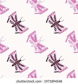 Isolated seamless nature pattern with pink and lilac geometric butterfly print. White background. Perfect for fabric design, textile print, wrapping, cover. Vector illustration.
