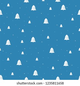 Isolated seamless New Year festive pattern with cute snow, Christmas tree, Christmas mood against bright blue background.