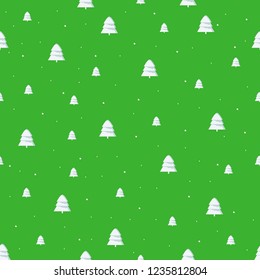 Isolated seamless New Year festive pattern with cute snow, Christmas tree, Christmas mood against bright green background.