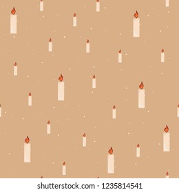 Isolated seamless new year festive pattern with cute candles, fire, christmas mood on pastel beige background with snow