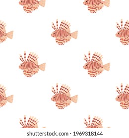 Isolated seamless ocean pattern with pink pastel lionfish silhouettes. White background. Doodle style. Perfect for fabric design, textile print, wrapping, cover. Vector illustration.
