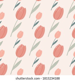Isolated seamless pastel tulips seamless pattern. Hand drawn soft pink flowers on white background. Perfect for wallpaper, textile, wrapping paper, fabric print. Vector illustration.