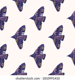 Isolated seamless pattern with abstract bird silhouette. Flying animal ornament in purple colors. Great for wallpaper, textile, wrapping paper, fabric print. Vector illustration.