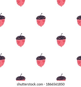 Isolated seamless pattern with acorn cartoon silhouettes. White background. Bright pink ornament. Flat vector print for textile, fabric, giftwrap, wallpapers. Endless illustration.