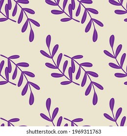 Isolated seamless pattern with big purple leaf branches silhouettes. White background. Botany print. Graphic design for wrapping paper and fabric textures. Vector Illustration.