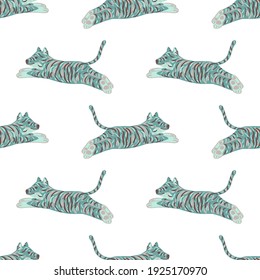 Isolated seamless pattern with blue creative tiger cats ornament. White background. Kids style. Flat vector print for textile, fabric, giftwrap, wallpapers. Endless illustration.
