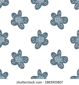 Isolated seamless pattern with blue doodle flower silhouettes. White background. Simple backdrop. Flat vector print for textile, fabric, giftwrap, wallpapers. Endless illustration.