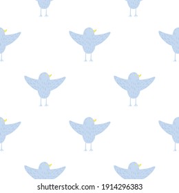 Isolated seamless pattern with blue flying birds silhouettes. White background. Simple design. Vector illustration for seasonal textile prints, fabric, banners, backdrops and wallpapers.