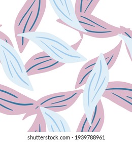 Isolated seamless pattern with blue and purple colored leaf elements ornament. White background. Random print. Perfect for fabric design, textile print, wrapping, cover. Vector illustration.