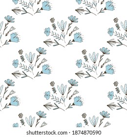 Isolated seamless pattern with botanic blue flower bouquets ornament. White background. Stock illustration. Vector design for textile, fabric, giftwrap, wallpapers.