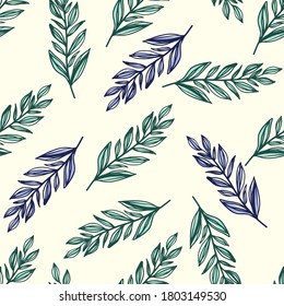 Isolated seamless pattern with botanic foliage ornament. Stylized outline branch leaves in green and blue colors on white background. For wallpaper, textile, wrapping, fabric. Vector illustration.