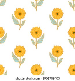 Isolated seamless pattern with bright yellow sunflowers ornament. White background. Decor nature print. Graphic design for wrapping paper and fabric textures. Vector Illustration.