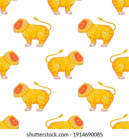 Isolated seamless pattern with bright yellow lions ornament. White background. Wildlife safari shapes. Graphic design for wrapping paper and fabric textures. Vector Illustration.