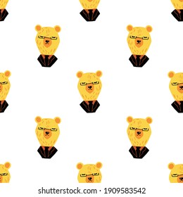 Isolated seamless pattern with cartoon funny yellow business bear print. White background. Flat vector print for textile, fabric, gift wrap, wallpapers. Endless illustration.