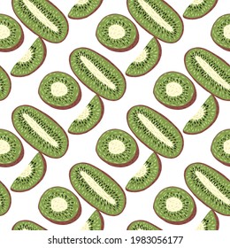 Patrón aislado y sin fisuras con la impresión de siluetas kiwi abstractas decorativas. Fondo blanco. Fondo de comida. Ideal para el diseño de tela, impresión textil, envoltura, cubierta. Ilustración vectorial.