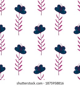 Isolated seamless pattern with decorative doodle outline navy blue flowers. White background. Graphic design for wrapping paper and fabric textures. Vector Illustration.