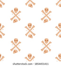Isolated seamless pattern with doodle cartoon skulls and bones ornament. Beige punk print with white background. Vector illustration for seasonal textile prints, fabric, backdrops and wallpapers.