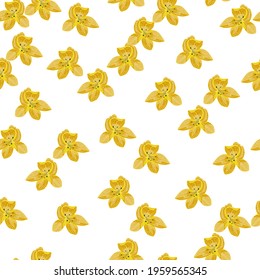 Isolated seamless pattern with doodle random yellow orchid flowers print. White background. Graphic design for wrapping paper and fabric textures. Vector Illustration.