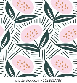 Isolated seamless pattern with flower simple silhouettes. Pink buds and navy blue stems. Simple floral print. Perfect for wallpaper, textile, wrapping paper, fabric print. Vector illustration.