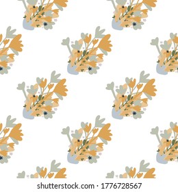 Isolated seamless pattern with flowers bouquet in orange and blue colors on white background. Simple naive design. Great for wrapping paper, textile, fabric print and wallpaper. Vector illustration.