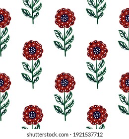 Isolated seamless pattern with folk flowers red colored ornament. White background. Vintage flora print. Great for fabric design, textile print, wrapping, cover. Vector illustration.