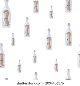 Isolated seamless pattern with glass bottles with messages. White background. Random cartoon doodle print. Designed for fabric design, textile print, wrapping, cover. Vector illustration.