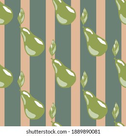 Isolated seamless pattern with green abstract pearl ornament. Striped pink and grey background. Graphic design for wrapping paper and fabric textures. Vector Illustration.