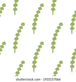 Isolated seamless pattern with green doodle seaweed silhouettes ornament. White background. Decorative backdrop for fabric design, textile print, wrapping, cover. Vector illustration.