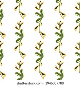 Einzigartiges nahtloses Muster mit grünen, doodlen, blumigen Zweigen. Weißer Hintergrund. Naturkunde aus Botanik. Entworfen für Stoffdesign, Stoffdruck, Umhüllung, Abdeckung. Vektorgrafik.