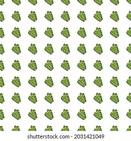 Isolated seamless pattern with green doodle small palm leaf elements shapes. White background. Decorative backdrop for fabric design, textile print, wrapping, cover. Vector illustration.