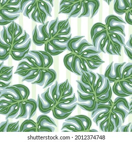Isolated seamless pattern with green random monstera elements print. White background. Nature backdrop. Designed for fabric design, textile print, wrapping, cover. Vector illustration.