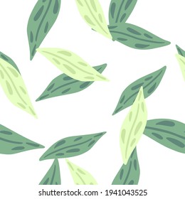 Isolated seamless pattern with green and turquoise abstract leaves print. White background. Random print. Decorative backdrop for fabric design, textile print, wrapping, cover. Vector illustration.
