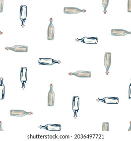 Isolated seamless pattern with grey and blue glass bottle with messages print. White background. Designed for fabric design, textile print, wrapping, cover. Vector illustration.