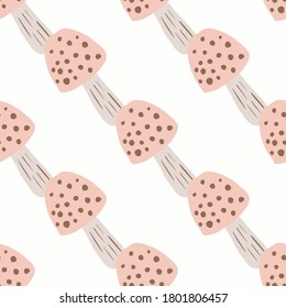 Isolated seamless pattern with hand drawn amanitas elements. Simple mushrooms in pink tones on white background. Great for wallpaper, textile, wrapping paper, fabric print. Vector illustration.