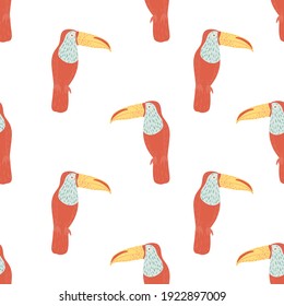 Isolated seamless pattern with hand drawn pastel red and yellow colored toucan birds ornament. White background. Flat vector print for textile, fabric, giftwrap, wallpapers. Endless illustration.