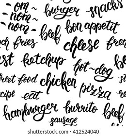 Isolated seamless pattern with hand lettering set of words for fast food. Vector illustration