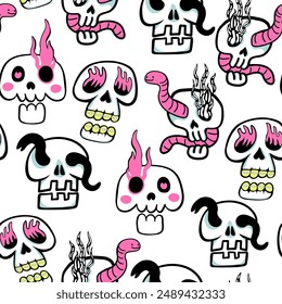 isolated seamless pattern a human skeleton skull in doodle style. object for poster backgrounds, backdrop, wallpaper, wrapping, textile, print