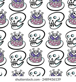 isolated seamless pattern a human skeleton skull in doodle style. object for poster backgrounds, backdrop, wallpaper, wrapping, textile, print