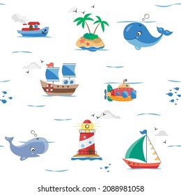 isolated seamless pattern of islands, ships, whales, lighthouse. Texture for fabric, wrapping, textile, wallpaper, apparel.Repeated texture with sea kids cartoon characters