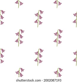 Isolated seamless pattern with minimalistic bell flowers pink ornament. White background. Simple floral backdrop. Flat vector print for textile, fabric, giftwrap, wallpapers. Endless illustration.