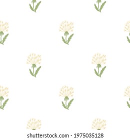 Isolated seamless pattern in minimalistic style with pink dandelion print. WHite background. Simple style. Great for fabric design, textile print, wrapping, cover. Vector illustration.