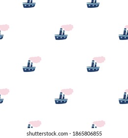 Isolated seamless pattern with navy blue and pink colored stemship ornament. White background. Flat vector print for textile, fabric, giftwrap, wallpapers. Endless illustration.