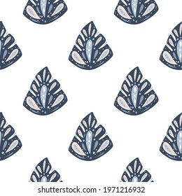 Isolated seamless pattern with navy blue hand drawn abstract monstera leaf shapes. White background. Designed for fabric design, textile print, wrapping, cover. Vector illustration.