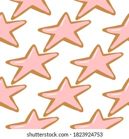 Isolated seamless pattern with new year star shapes cookies. Christmas tasty dessert with pink glaze on white background. For wallpaper, textile, wrapping paper, fabric print. Vector illustration